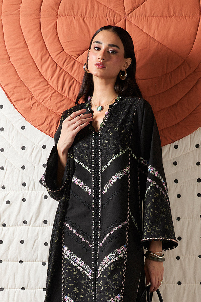 Model Wearing Suffuse by Sana Yasir SAZIL Black front-open kurta with culottes for Casual Dress- Pakistani Designer wear for Women in UK | Kifat