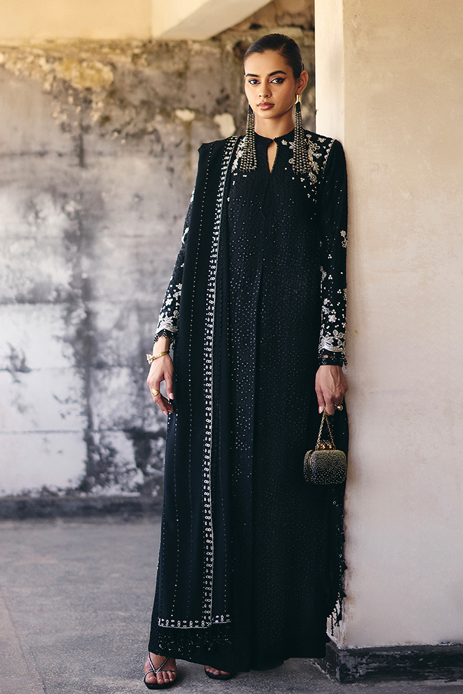 Model Wearing Suffuse by Sana Yasir VIVORA Midnight Black A-line shirt with Cigarette pants for Formal Events- Pakistani Designer wear for Women in UK | Kifat