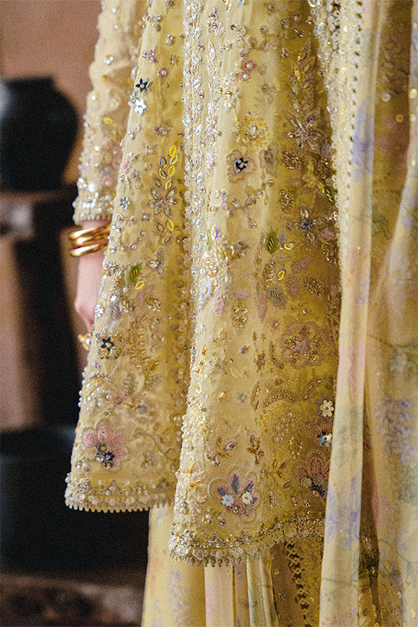 Model Wearing Suffuse by Sana Yasir Merivah Butter Yellow Peplum with Sharara Pants for Wedding Wear - Pakistani Designer wear for Women in UK | Kifat