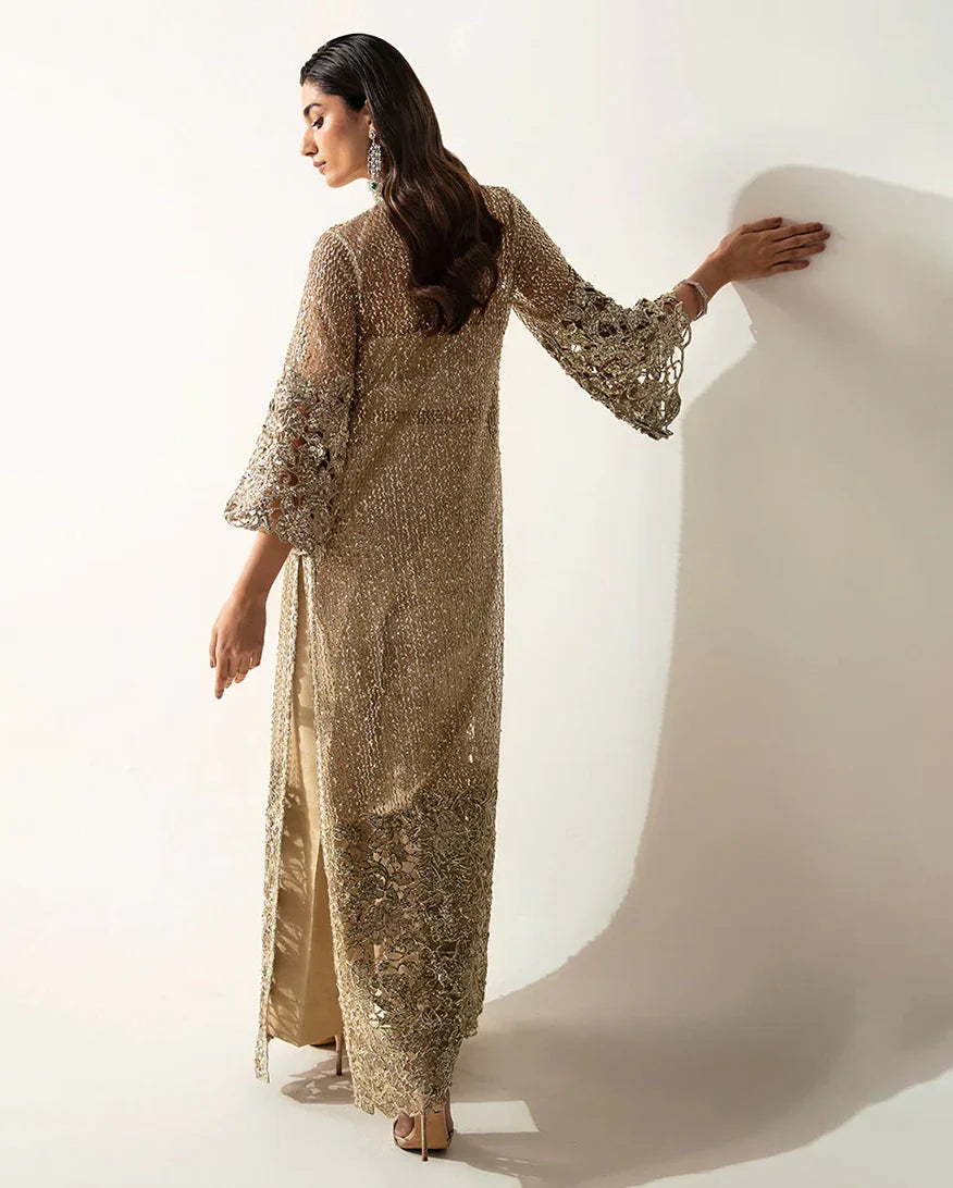 Women Wearing Eve Pale Gold Long Shirt for Festive Events - Pakistani Designer Wear for Women in UK | Kifat