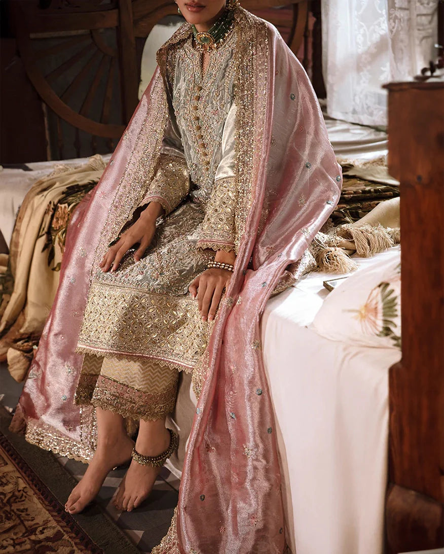 Women Wearing Amaya Aqua Silver Long Shirt for Formal Events - Pakistani Designer Wear for Women in UK | Kifat