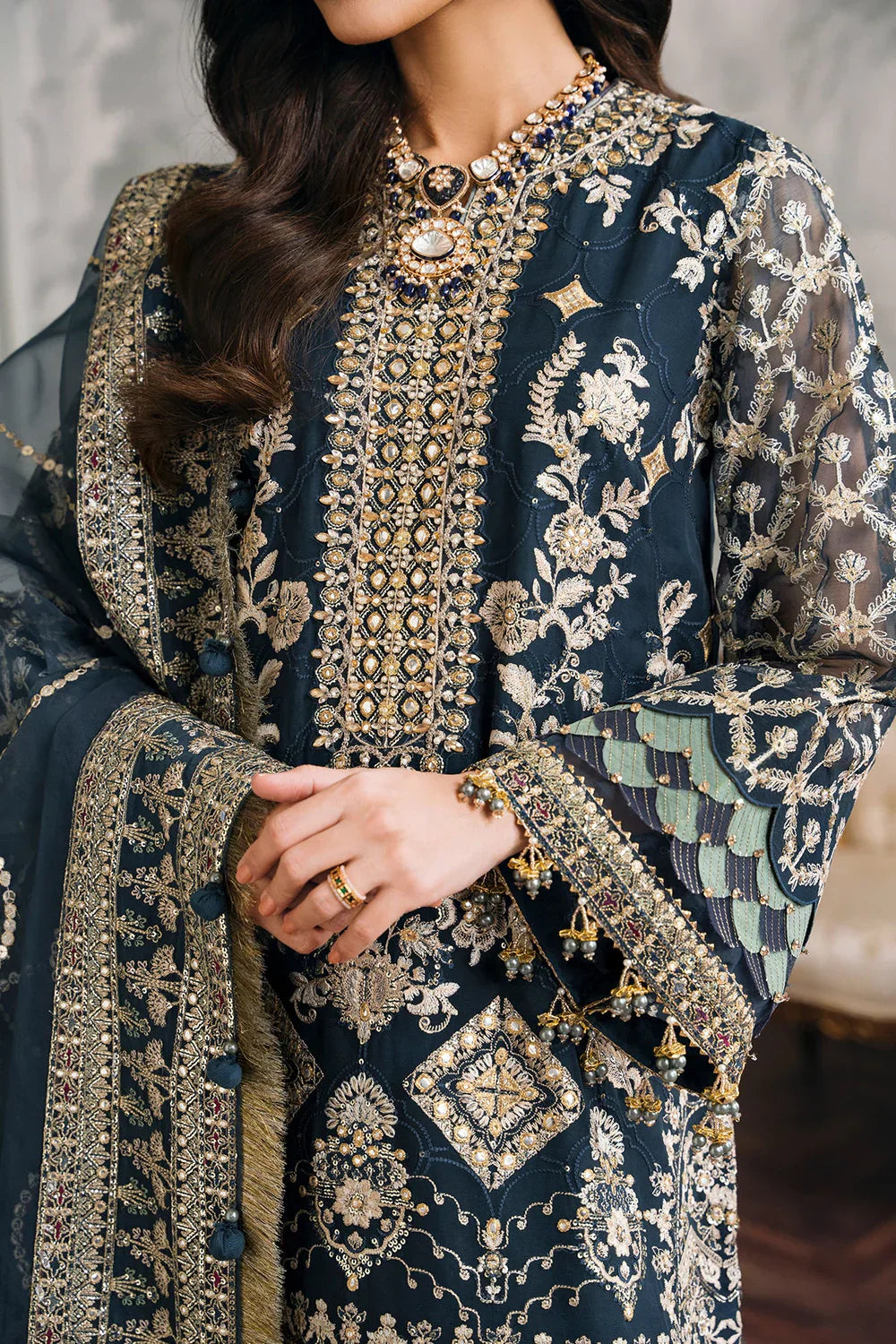 Baroque CH12-01 Teal Blue Long Shirt,Short Shirt for Formal Events - Pakistani Designer Wear for Women in UK | Kifat