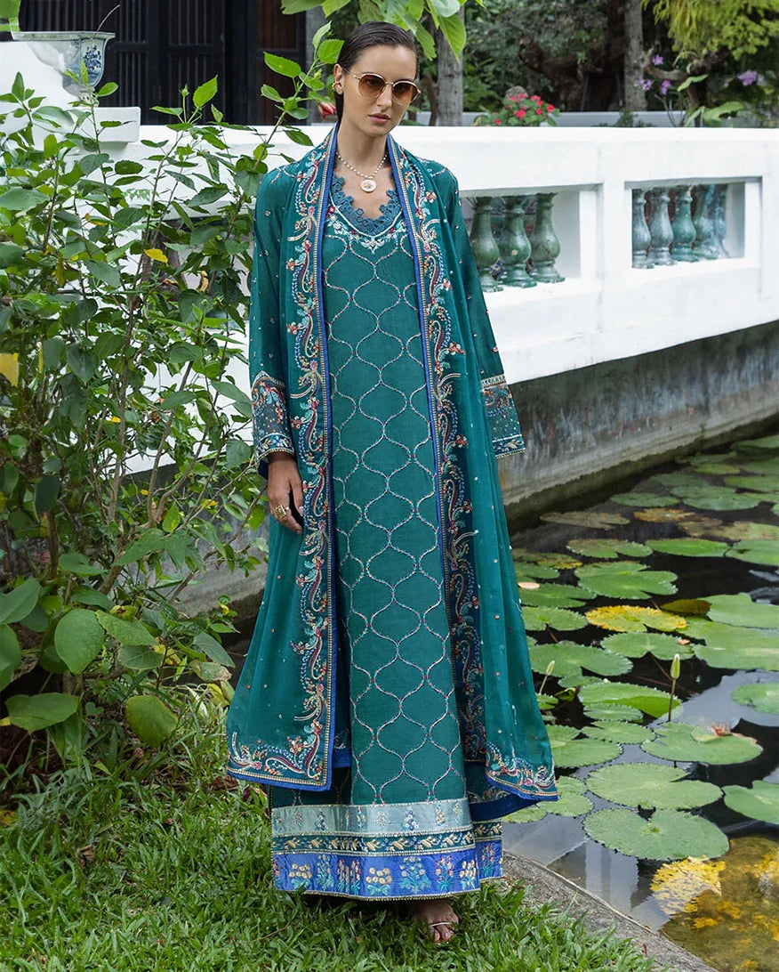 Women Wearing Valene Teal Blue Long Shirt for Festive Events - Pakistani Designer Wear for Women in UK | Kifat