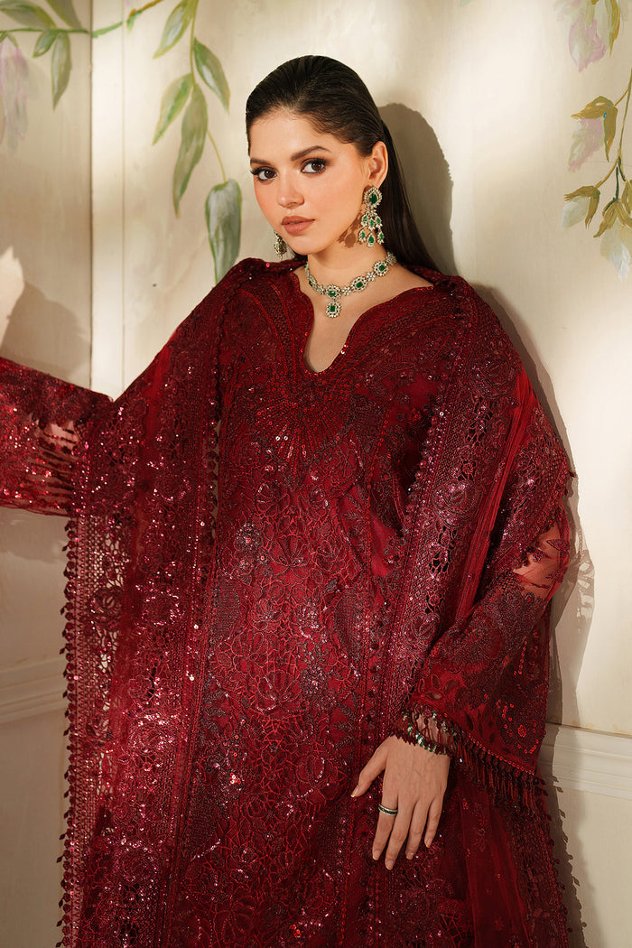 Baroque CH14-01 Maroon Sleek Long Shirt with Crushed Sharara,Front Open Gown with Sharara Pants for Wedding Wear - Pakistani Designer Wear for Women in UK | Kifat
