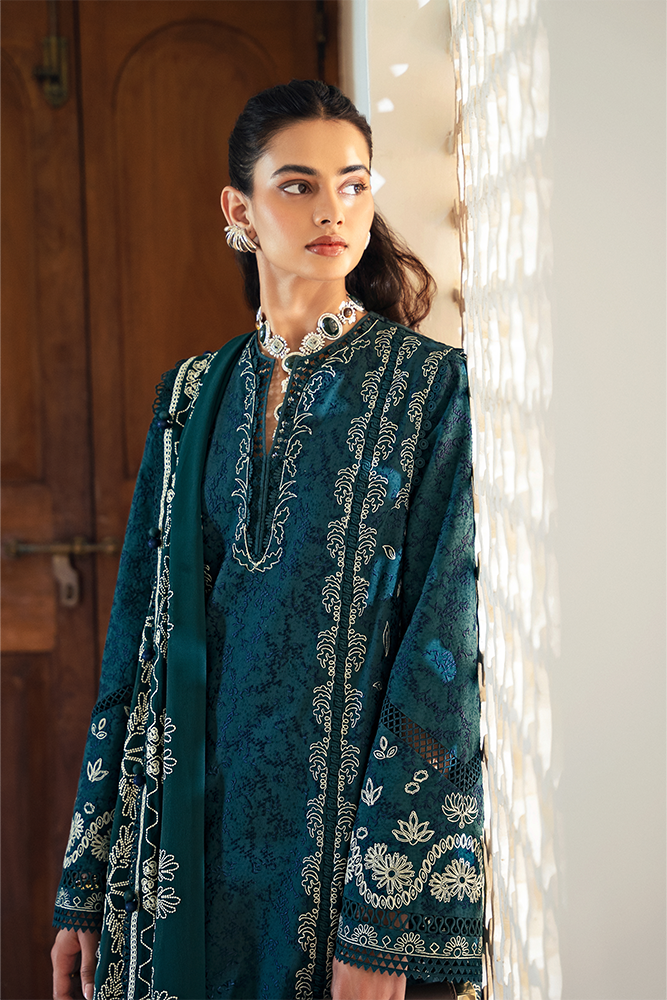 Model Wearing Suffuse by Sana Yasir IVERA Peacock Green Shirt with Straight-cut pants for Casual Dress- Pakistani Designer wear for Women in UK | Kifat