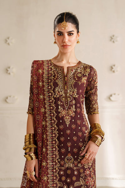 Baroque CH14-07 Dark Maroon Sleek Long Shirt with Culotte Trouser,Mid-Calf Length Shirt with Sharara for Formal Events - Pakistani Designer Wear for Women in UK | Kifat