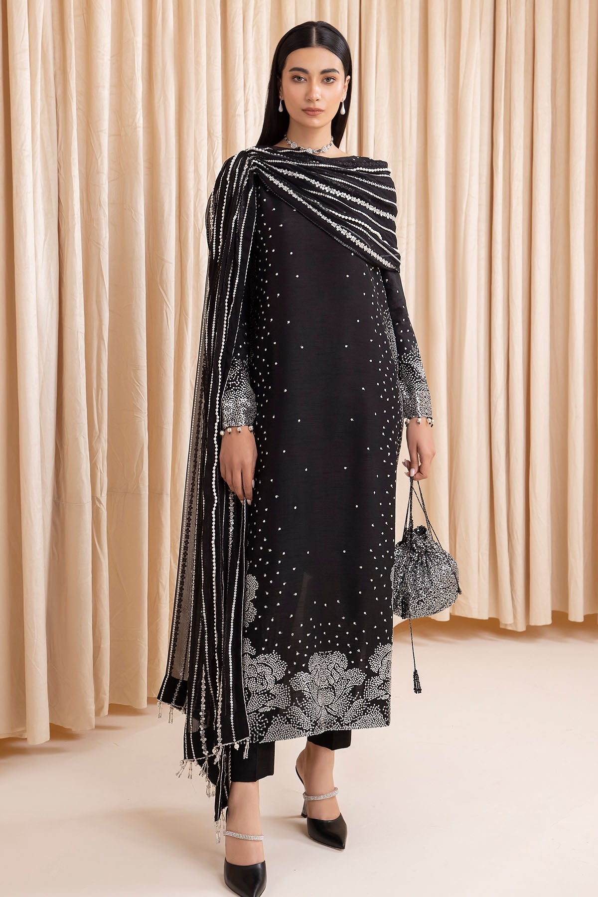 Women Wearing Embroidered Raw Silk UR-7001 Black Long Shirt for Wedding Events - Pakistani Designer Wear for Women in UK | Kifat