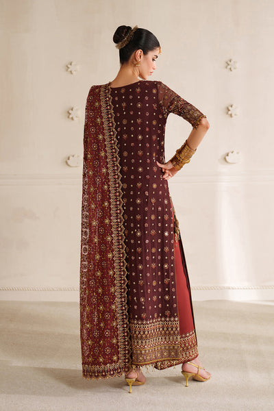 Baroque CH14-07 Dark Maroon Sleek Long Shirt with Culotte Trouser,Mid-Calf Length Shirt with Sharara for Formal Events - Pakistani Designer Wear for Women in UK | Kifat