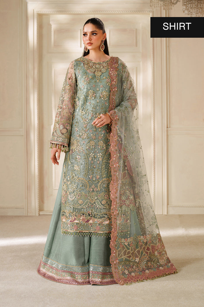 Baroque CH14-06 Mint Green Gown with Inner Shirt & Trouser,Mid - Calf Shirt with Sharara Pants for Formal Events - Pakistani Designer Wear for Women in UK | Kifat