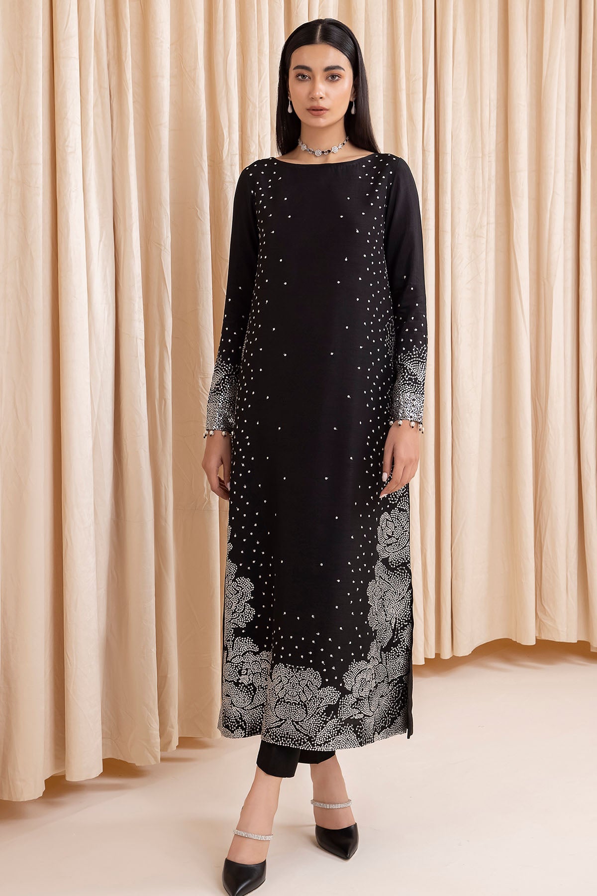 Women Wearing Embroidered Raw Silk UR-7001 Black Long Shirt for Wedding Events - Pakistani Designer Wear for Women in UK | Kifat