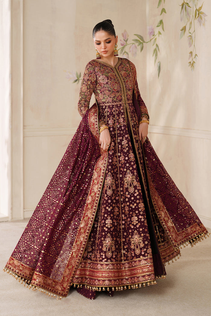 Baroque CH14-05 Wine Berry Kalidar Frock with Sharara Pants,Front Open Kalidar Frock with Lehenga for Bridal Wear - Pakistani Designer Wear for Women in UK | Kifat