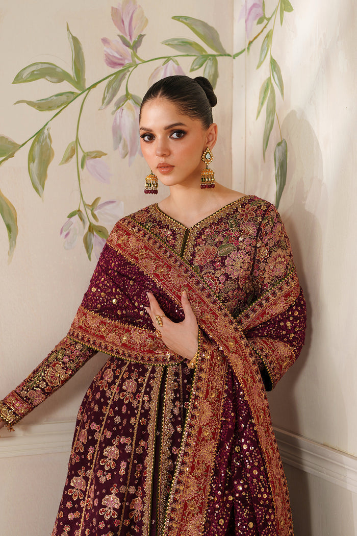 Baroque CH14-05 Wine Berry Kalidar Frock with Sharara Pants,Front Open Kalidar Frock with Lehenga for Bridal Wear - Pakistani Designer Wear for Women in UK | Kifat