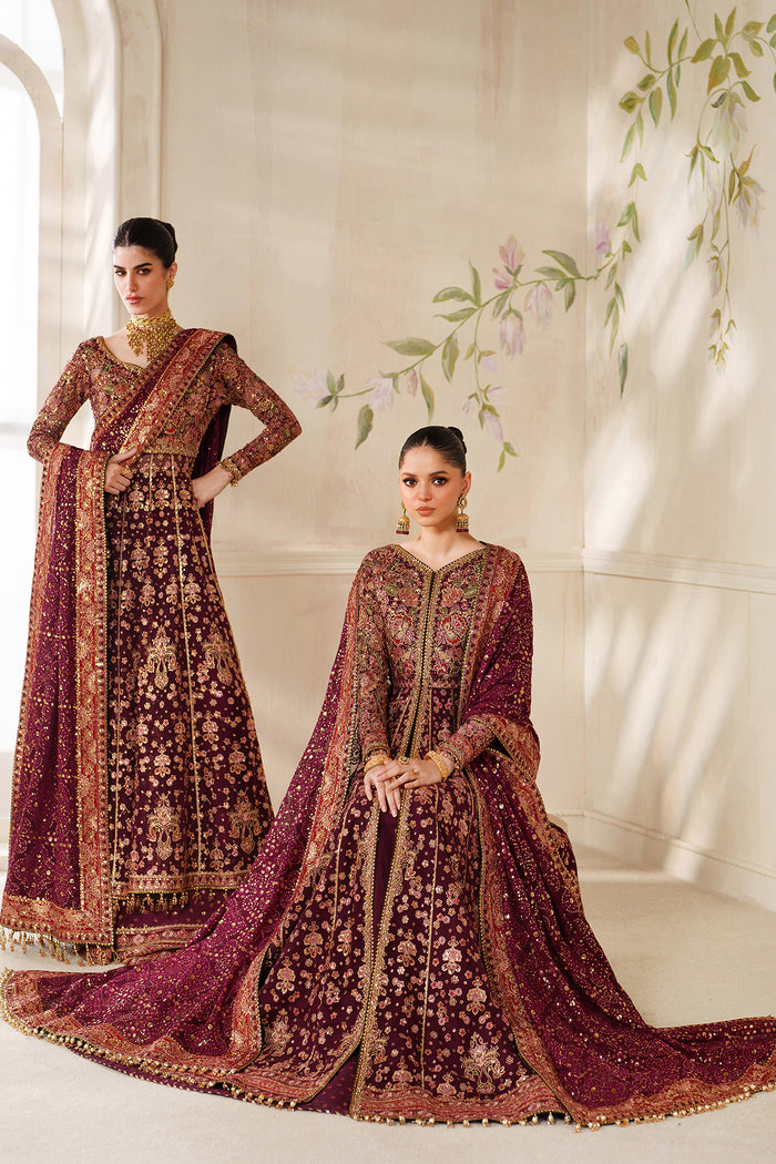 Baroque CH14-05 Wine Berry Kalidar Frock with Sharara Pants,Front Open Kalidar Frock with Lehenga for Bridal Wear - Pakistani Designer Wear for Women in UK | Kifat