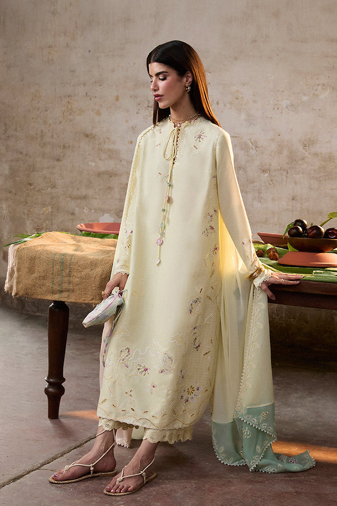 Model Wearing Suffuse by Sana Yasir AMAAH Butter Yellow Long shirt with culottes for Casual Dress- Pakistani Designer wear for Women in UK | Kifat