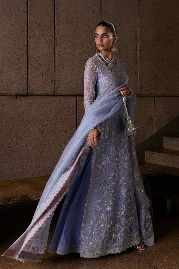 Model Wearing Suffuse by Sana Yasir Calira Periwinkle Long Shirt with bell-cut pants for Wedding Wear - Pakistani Designer wear for Women in UK | Kifat