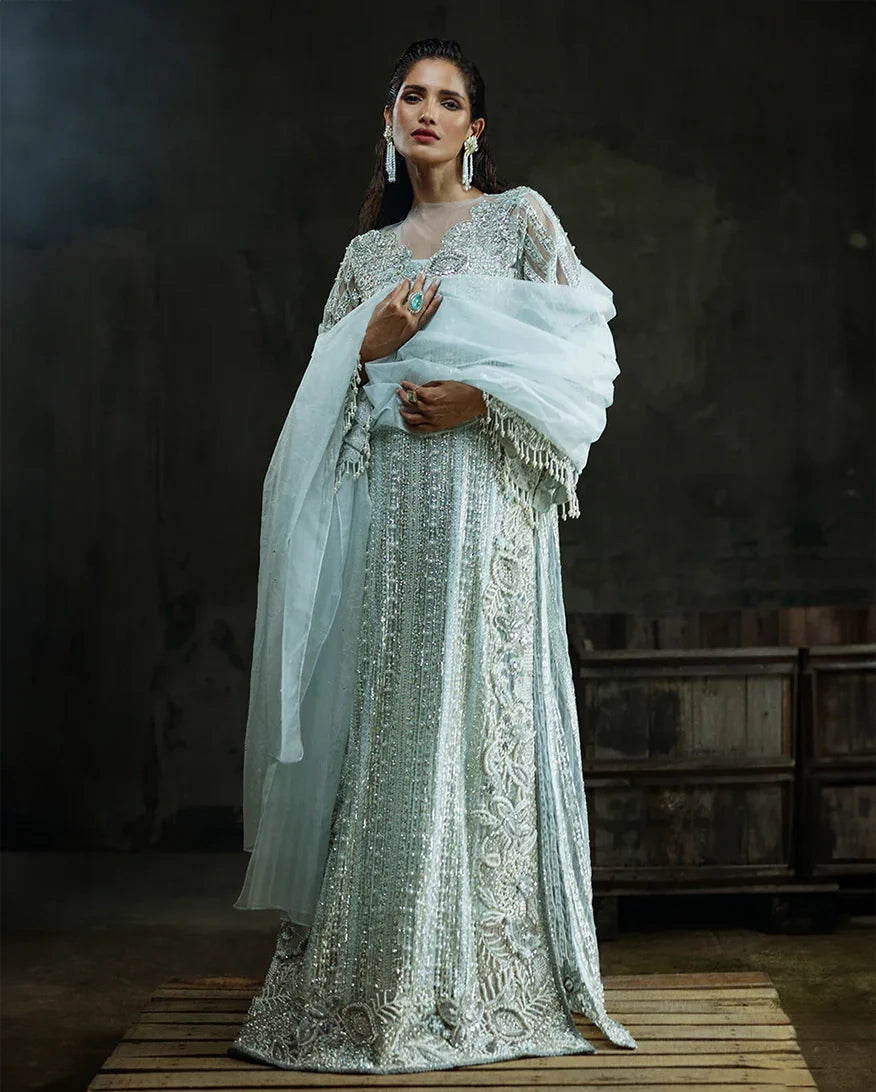 Women Wearing Cardamine Aqua Long Shirt for Wedding Events - Pakistani Designer Wear for Women in UK | Kifat