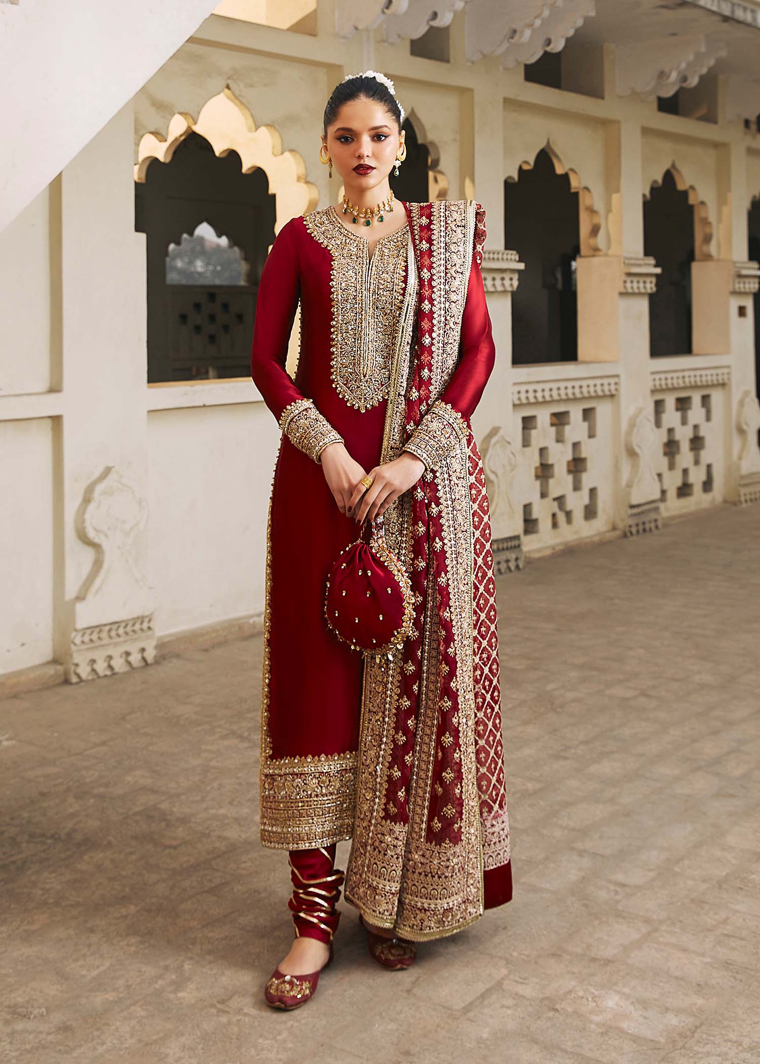Kanwal Malik Berry Red Long Shirt with Churidar trouser for Luxury Wedding wear - Pakistani Designer Wear for Women in UK | Kifat