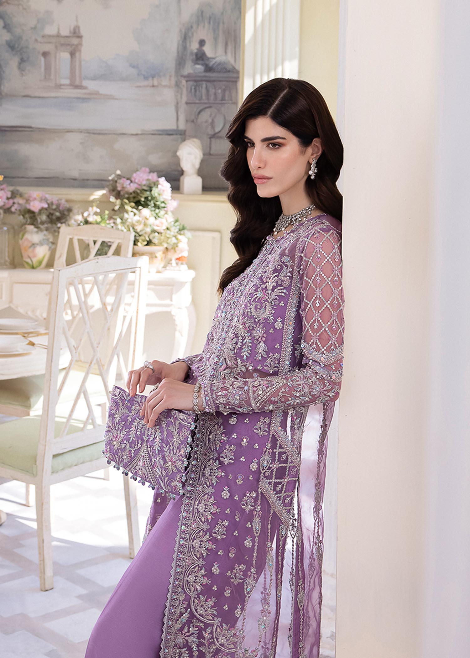 Kanwal Malik Lilac front open organza gown with flared Pants for Luxury Wedding wear - Pakistani Designer Wear for Women in UK | Kifat