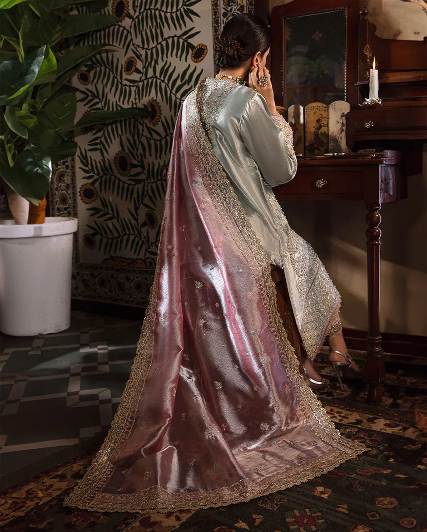 Women Wearing Amaya Aqua Silver Long Shirt for Formal Events - Pakistani Designer Wear for Women in UK | Kifat