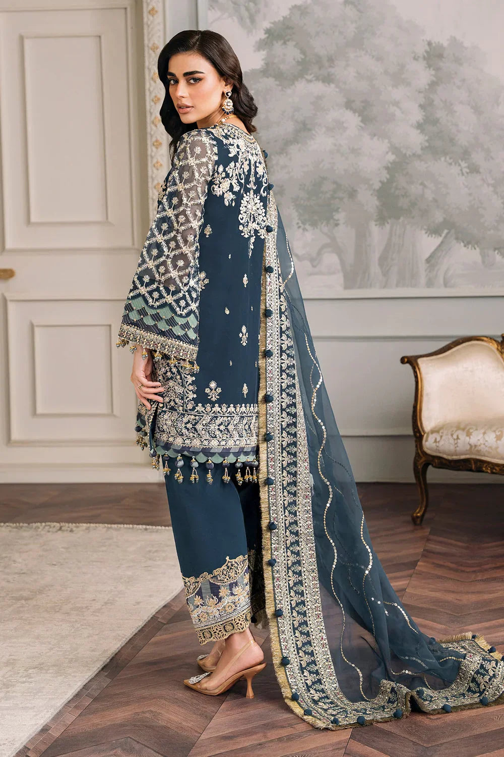 Baroque CH12-01 Teal Blue Long Shirt,Short Shirt for Formal Events - Pakistani Designer Wear for Women in UK | Kifat