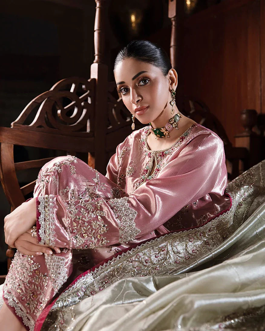 Women Wearing Lamia Pink Silver Long Shirt for Formal Events - Pakistani Designer Wear for Women in UK | Kifat