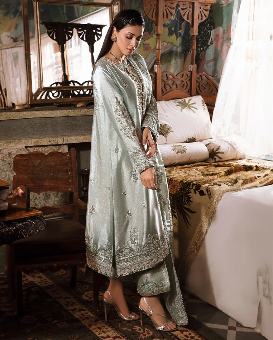 Women Wearing Heer Sea Green Silver Long Shirt for Formal Events - Pakistani Designer Wear for Women in UK | Kifat
