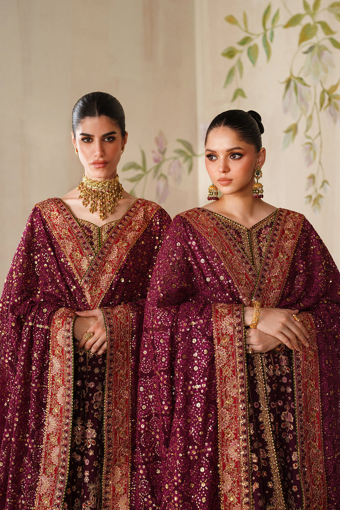 Baroque CH14-05 Wine Berry Kalidar Frock with Sharara Pants,Front Open Kalidar Frock with Lehenga for Bridal Wear - Pakistani Designer Wear for Women in UK | Kifat