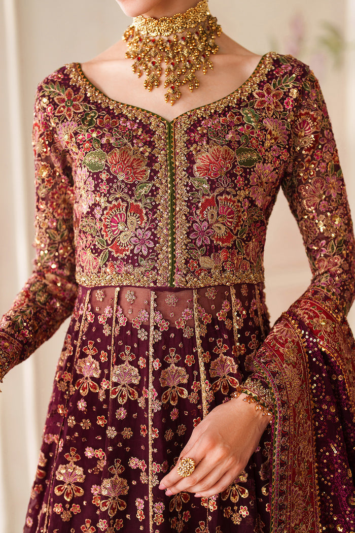 Baroque CH14-05 Wine Berry Kalidar Frock with Sharara Pants,Front Open Kalidar Frock with Lehenga for Bridal Wear - Pakistani Designer Wear for Women in UK | Kifat