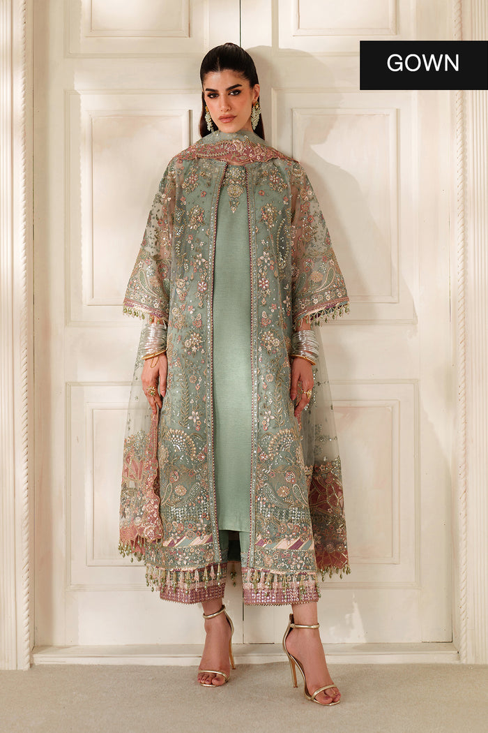 Baroque CH14-06 Mint Green Gown with Inner Shirt & Trouser,Mid - Calf Shirt with Sharara Pants for Formal Events - Pakistani Designer Wear for Women in UK | Kifat