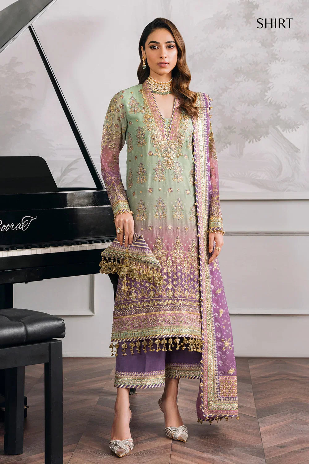 Baroque CH12-08 Green Shirt with Plazo, Frock with Plazo for Formal Events - Pakistani Designer Wear for Women in UK | Kifat