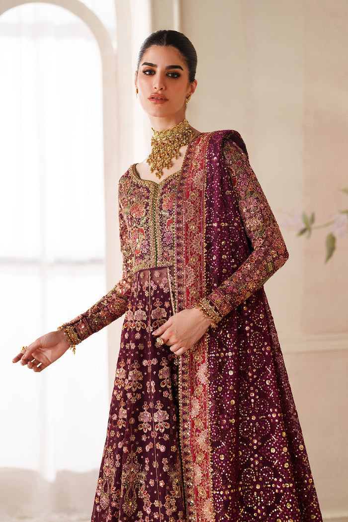 Baroque CH14-05 Wine Berry Kalidar Frock with Sharara Pants,Front Open Kalidar Frock with Lehenga for Bridal Wear - Pakistani Designer Wear for Women in UK | Kifat