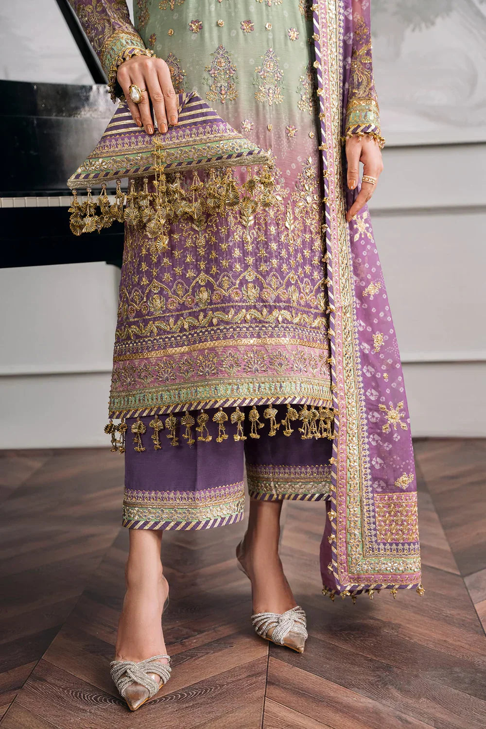 Baroque CH12-08 Green Shirt with Plazo, Frock with Plazo for Formal Events - Pakistani Designer Wear for Women in UK | Kifat