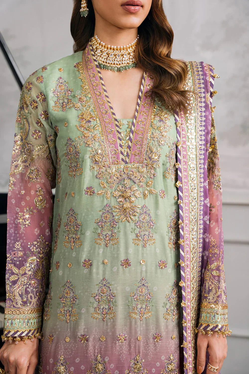 Baroque CH12-08 Green Shirt with Plazo, Frock with Plazo for Formal Events - Pakistani Designer Wear for Women in UK | Kifat