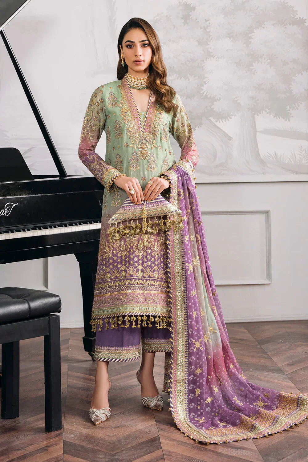 Baroque CH12-08 Green Shirt with Plazo, Frock with Plazo for Formal Events - Pakistani Designer Wear for Women in UK | Kifat