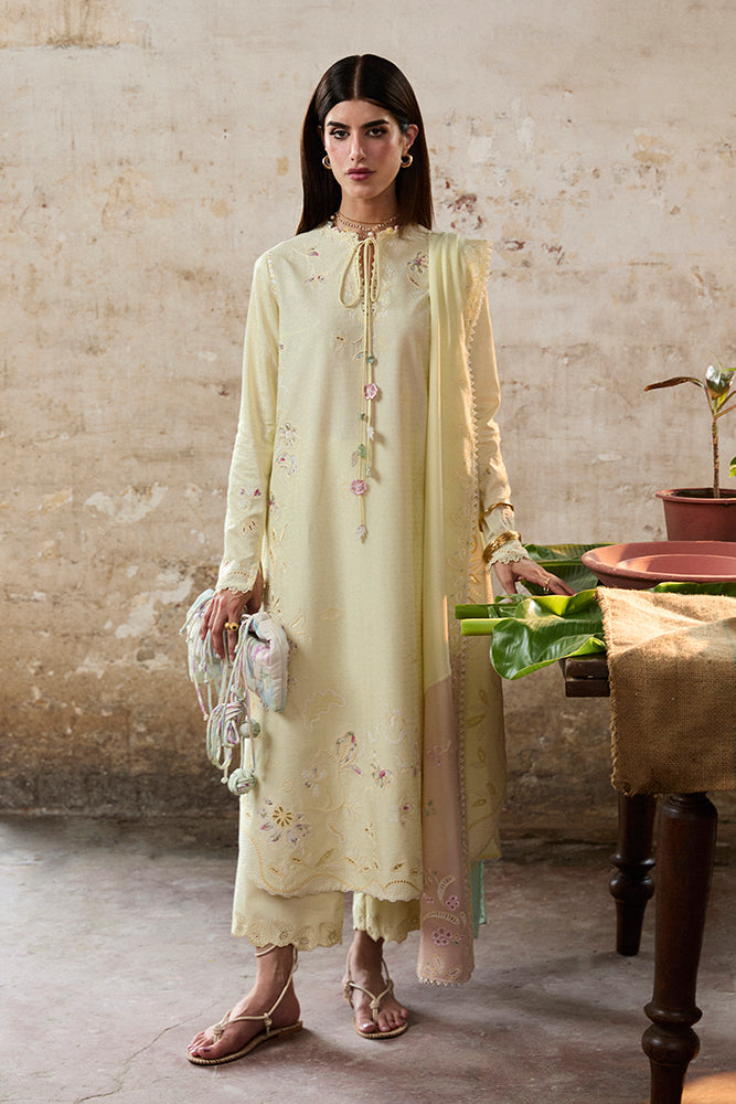 Model Wearing Suffuse by Sana Yasir AMAAH Butter Yellow Long shirt with culottes for Casual Dress- Pakistani Designer wear for Women in UK | Kifat