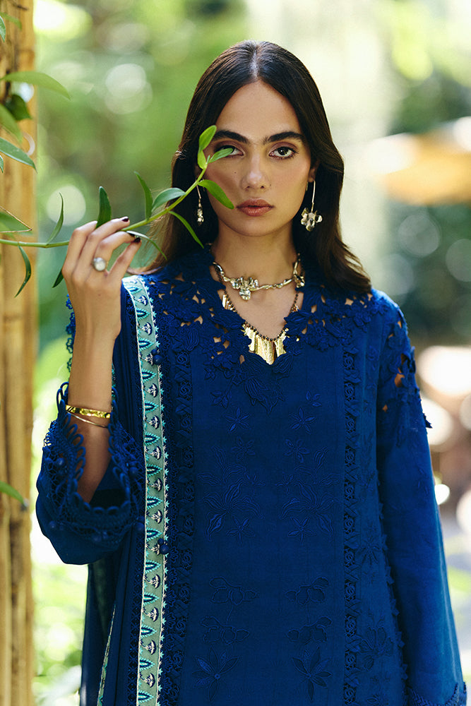 Women Wearing ZAREH Cobalt Blue Long Shirt with Pants for Festive Events - Pakistani Designer Wear for Women in UK | Kifat