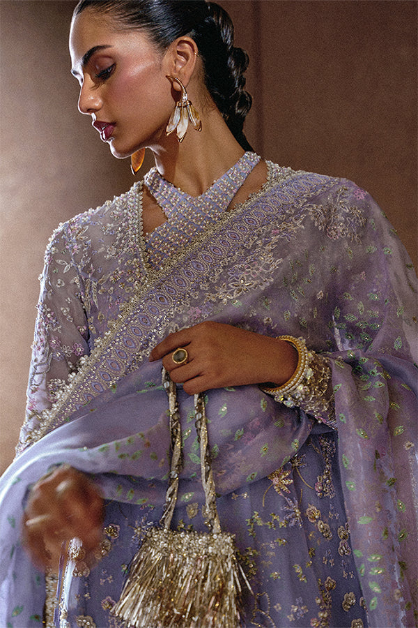 Model Wearing Suffuse by Sana Yasir Calira Periwinkle Long Shirt with bell-cut pants for Wedding Wear - Pakistani Designer wear for Women in UK | Kifat