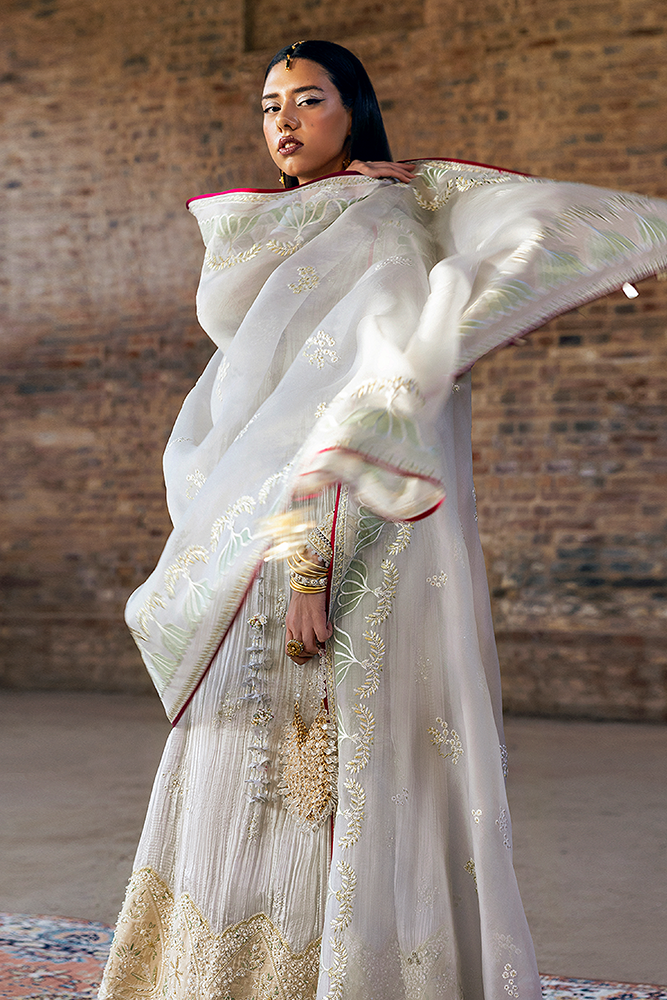 Model Wearing Suffuse by Sana Yasir NEVE Silver Shirt with churidaar pants for Formal Events- Pakistani Designer wear for Women in UK | Kifat