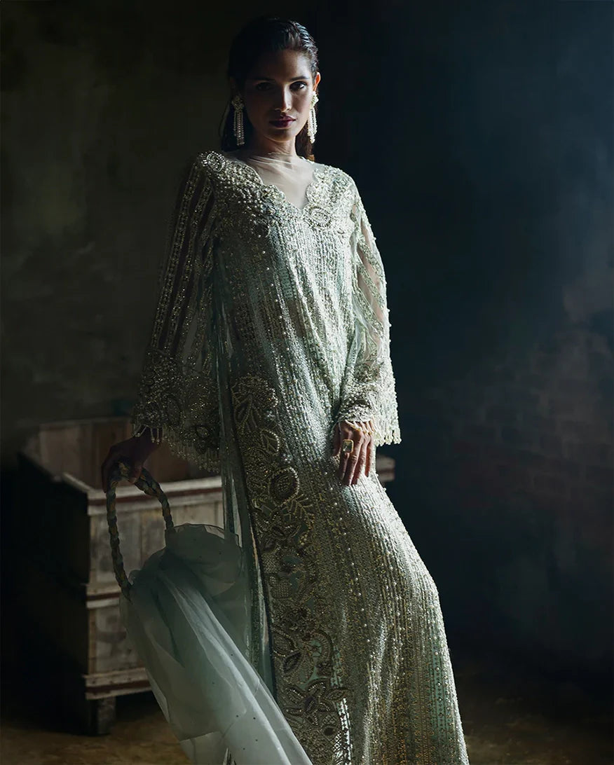Women Wearing Cardamine Aqua Long Shirt for Wedding Events - Pakistani Designer Wear for Women in UK | Kifat