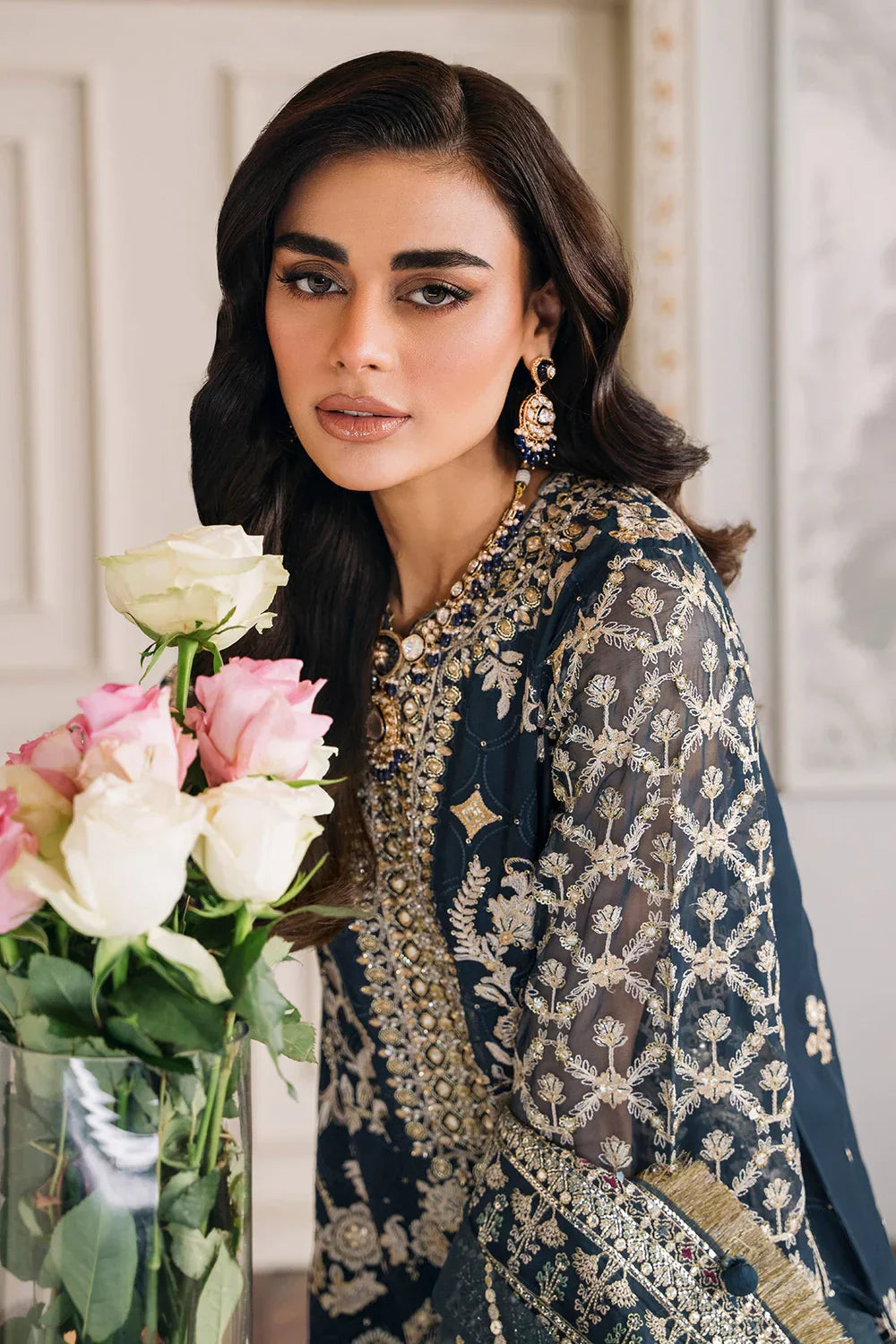 Baroque CH12-01 Teal Blue Long Shirt,Short Shirt for Formal Events - Pakistani Designer Wear for Women in UK | Kifat