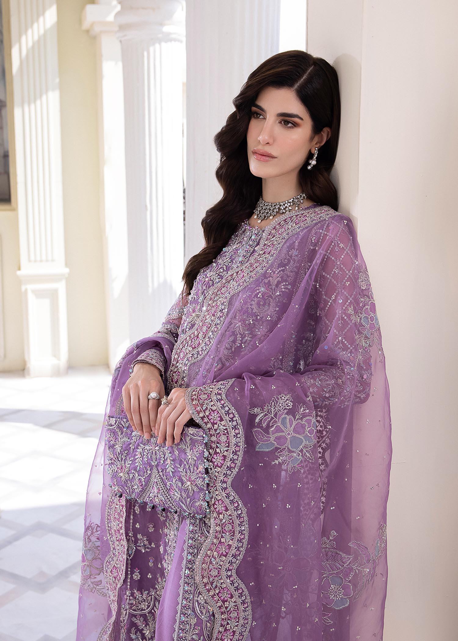 Kanwal Malik Lilac front open organza gown with flared Pants for Luxury Wedding wear - Pakistani Designer Wear for Women in UK | Kifat