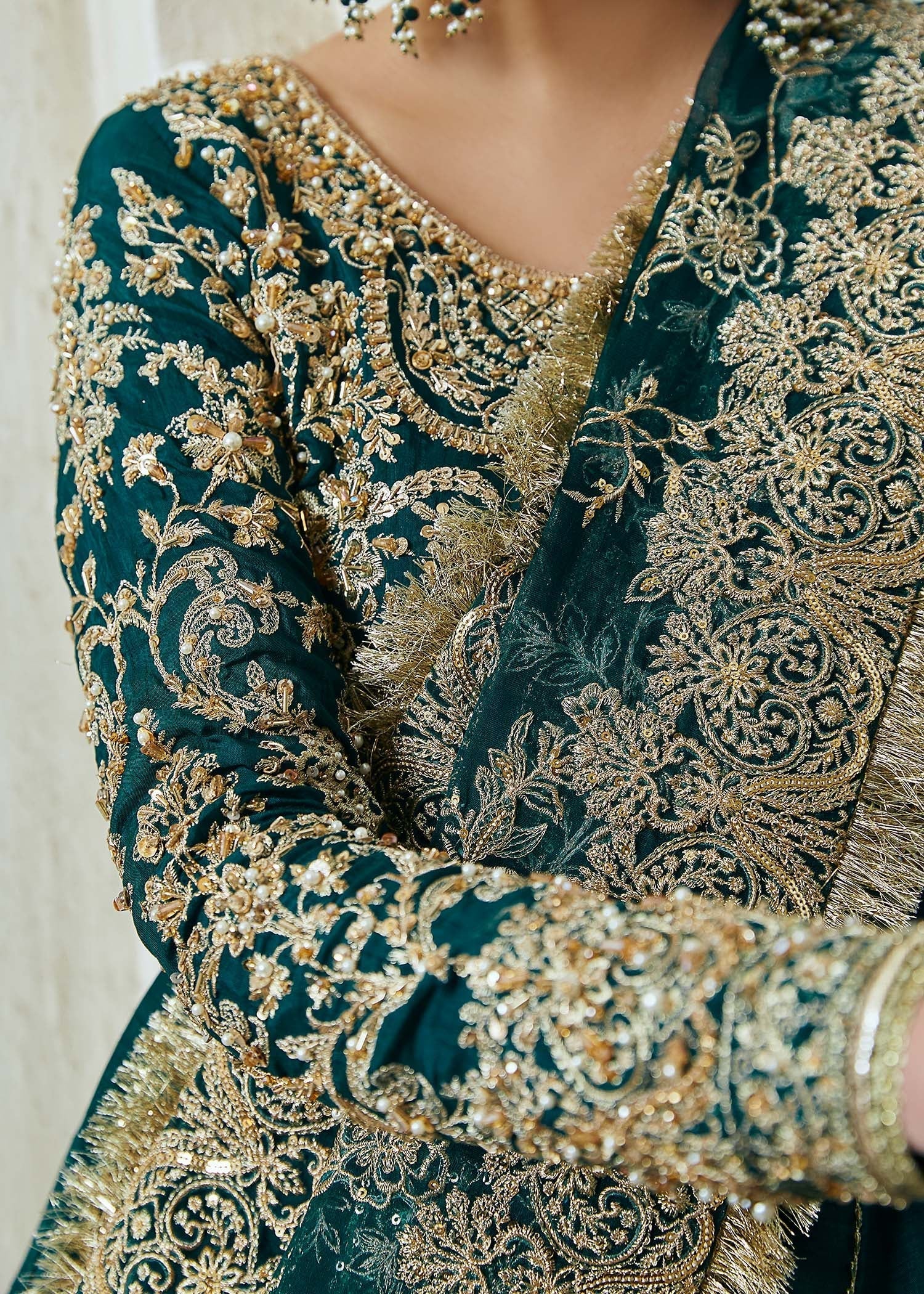 Kanwal Malik Bottle Greeen Pishwas with floor-length silhouette for Luxury Wedding wear - Pakistani Designer Wear for Women in UK | Kifat