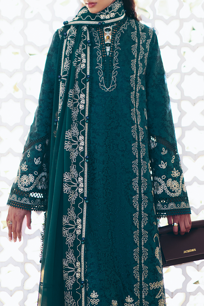 Model Wearing Suffuse by Sana Yasir IVERA Peacock Green Shirt with Straight-cut pants for Casual Dress- Pakistani Designer wear for Women in UK | Kifat