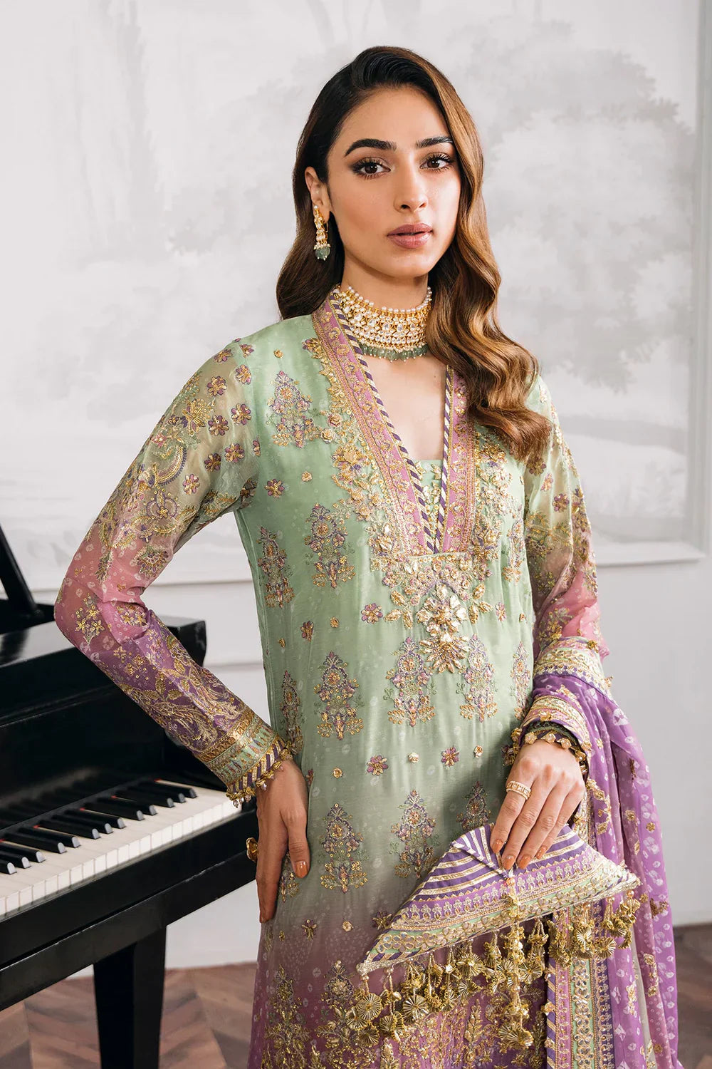 Baroque CH12-08 Green Shirt with Plazo, Frock with Plazo for Formal Events - Pakistani Designer Wear for Women in UK | Kifat
