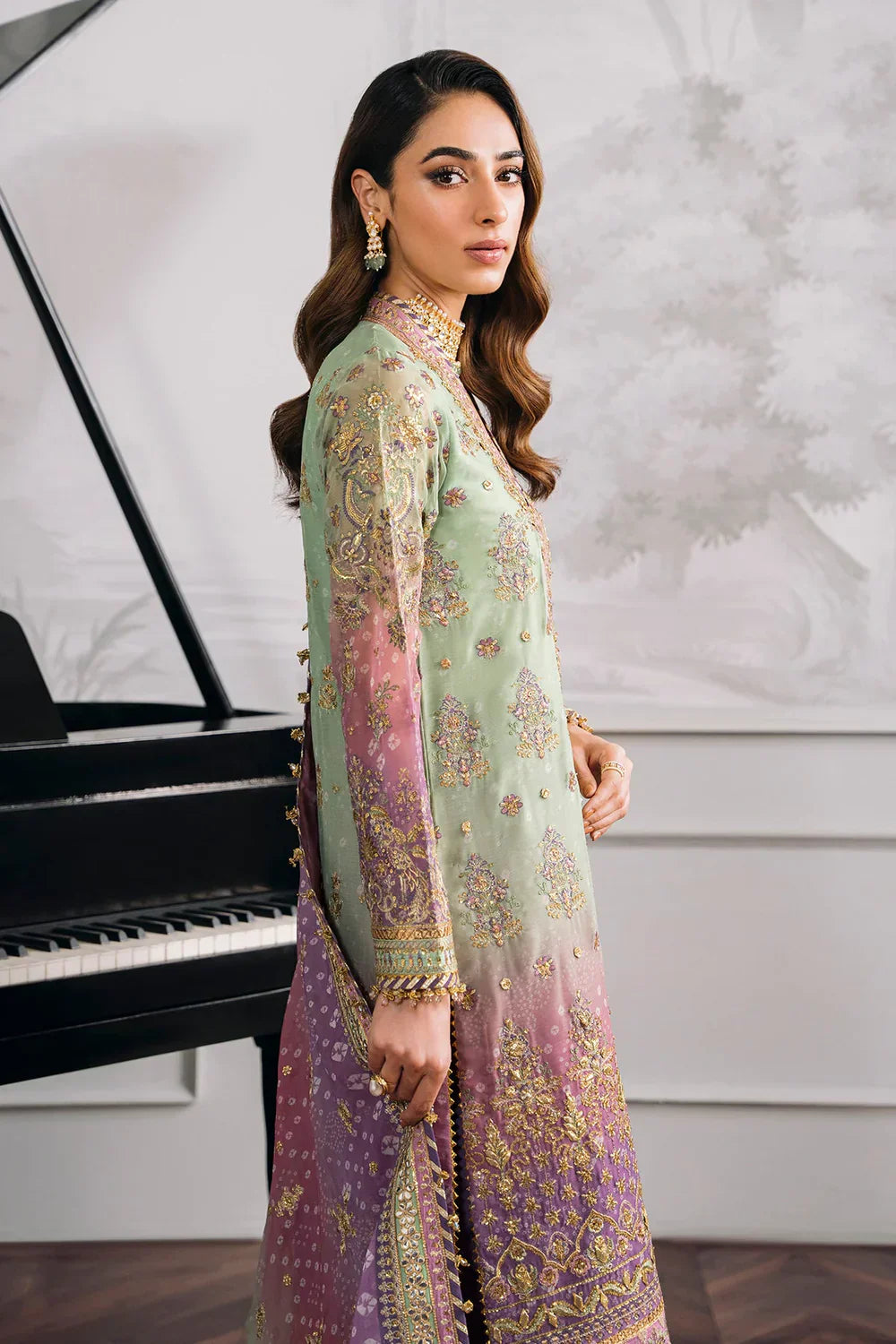 Baroque CH12-08 Green Shirt with Plazo, Frock with Plazo for Formal Events - Pakistani Designer Wear for Women in UK | Kifat
