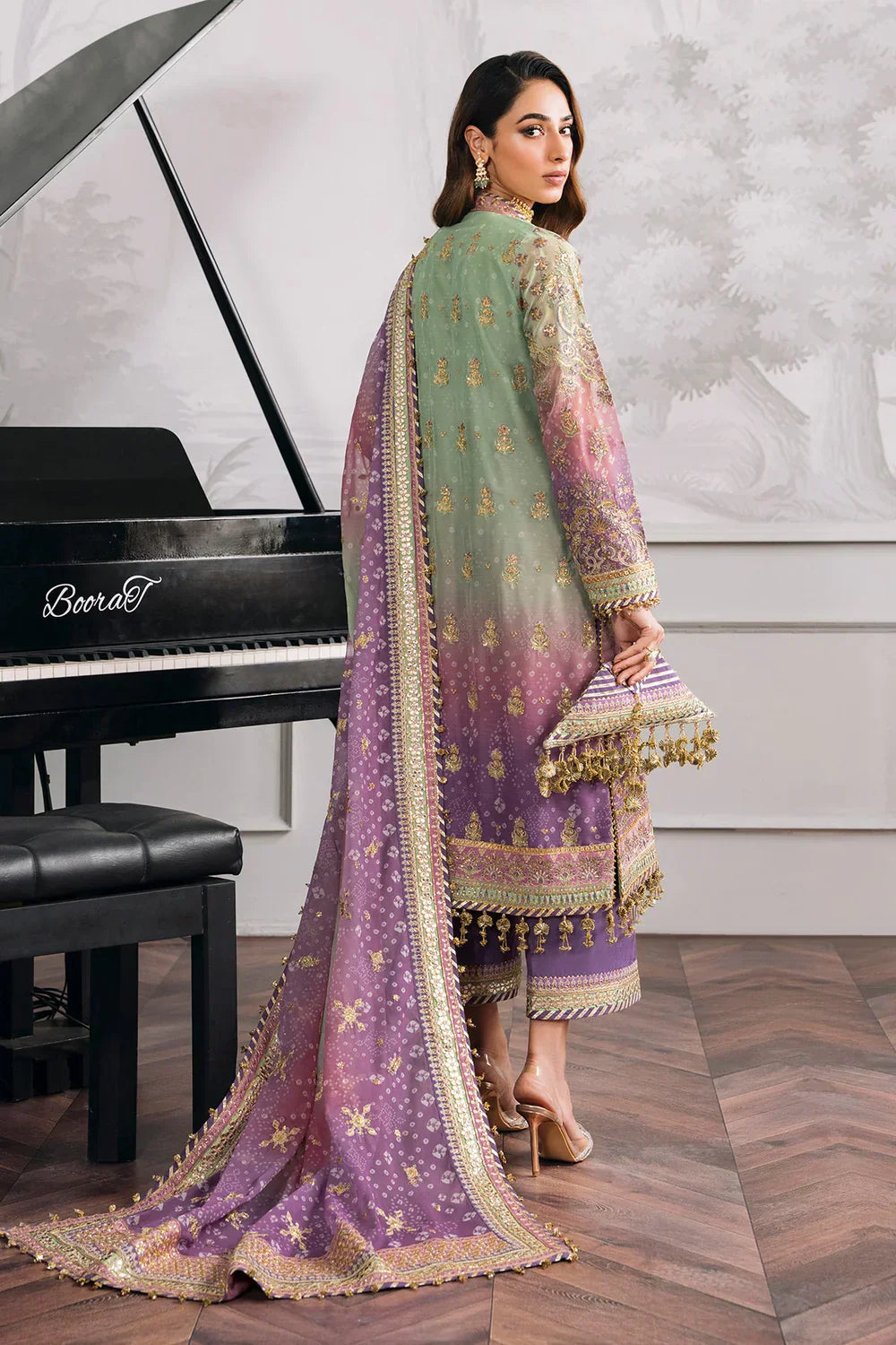 Baroque CH12-08 Green Shirt with Plazo, Frock with Plazo for Formal Events - Pakistani Designer Wear for Women in UK | Kifat