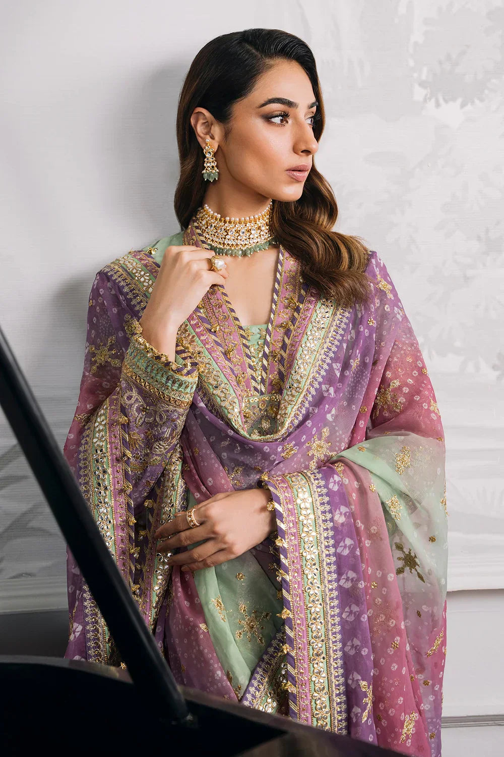 Baroque CH12-08 Green Shirt with Plazo, Frock with Plazo for Formal Events - Pakistani Designer Wear for Women in UK | Kifat