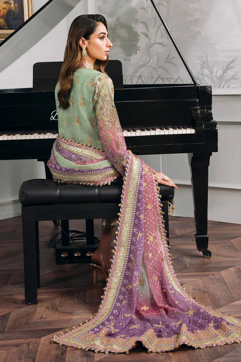 Baroque CH12-08 Green Shirt with Plazo, Frock with Plazo for Formal Events - Pakistani Designer Wear for Women in UK | Kifat
