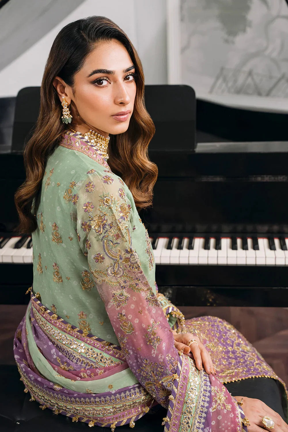 Baroque CH12-08 Green Shirt with Plazo, Frock with Plazo for Formal Events - Pakistani Designer Wear for Women in UK | Kifat