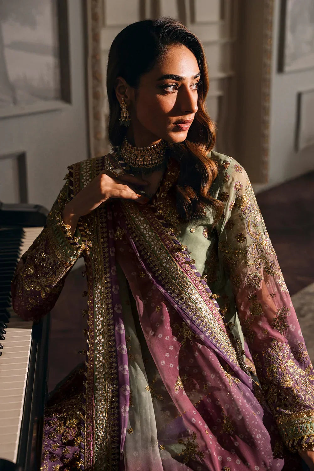 Baroque CH12-08 Green Shirt with Plazo, Frock with Plazo for Formal Events - Pakistani Designer Wear for Women in UK | Kifat